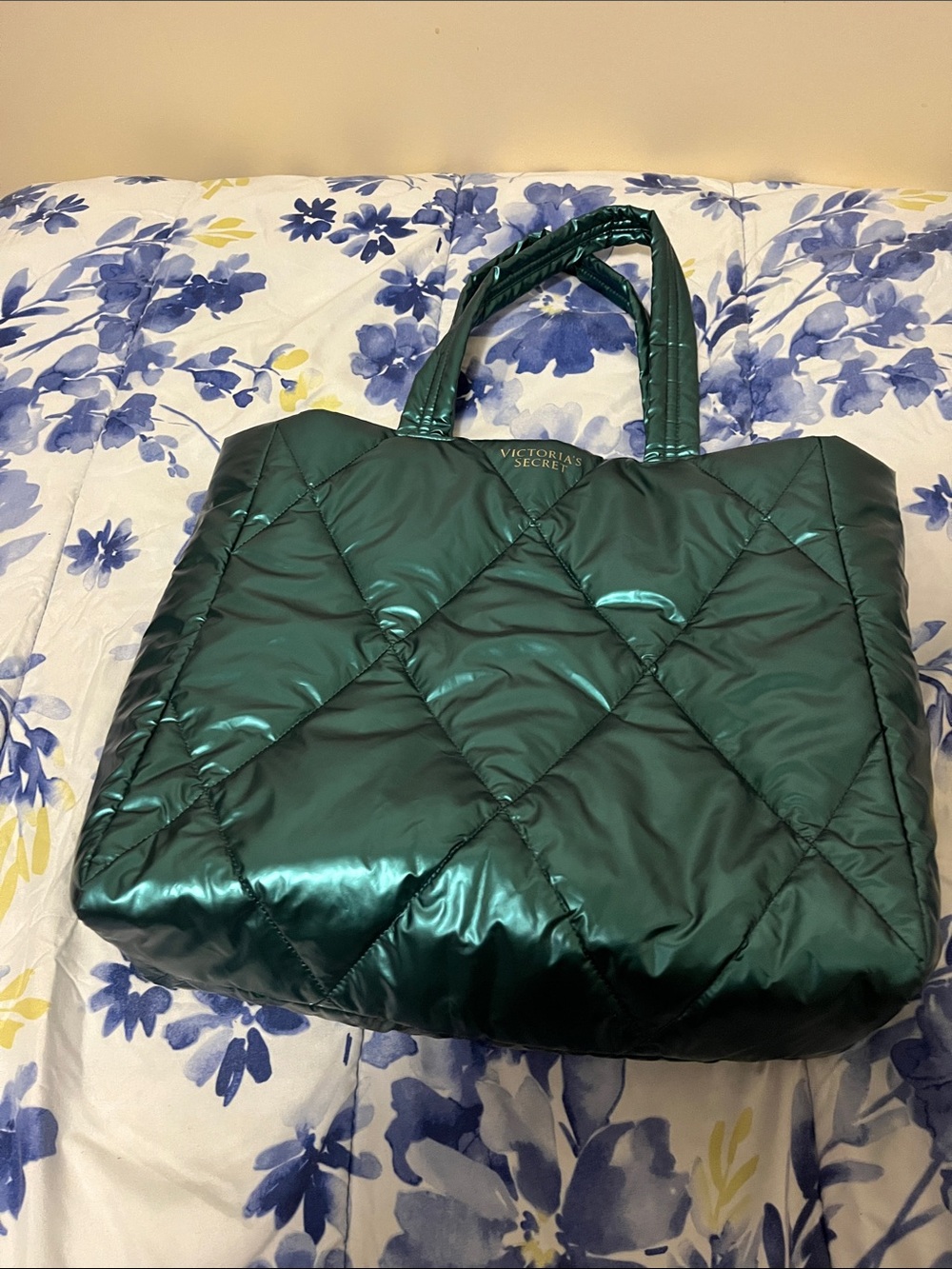 Victoria's Secret Quilted Shiny Emerald Tote